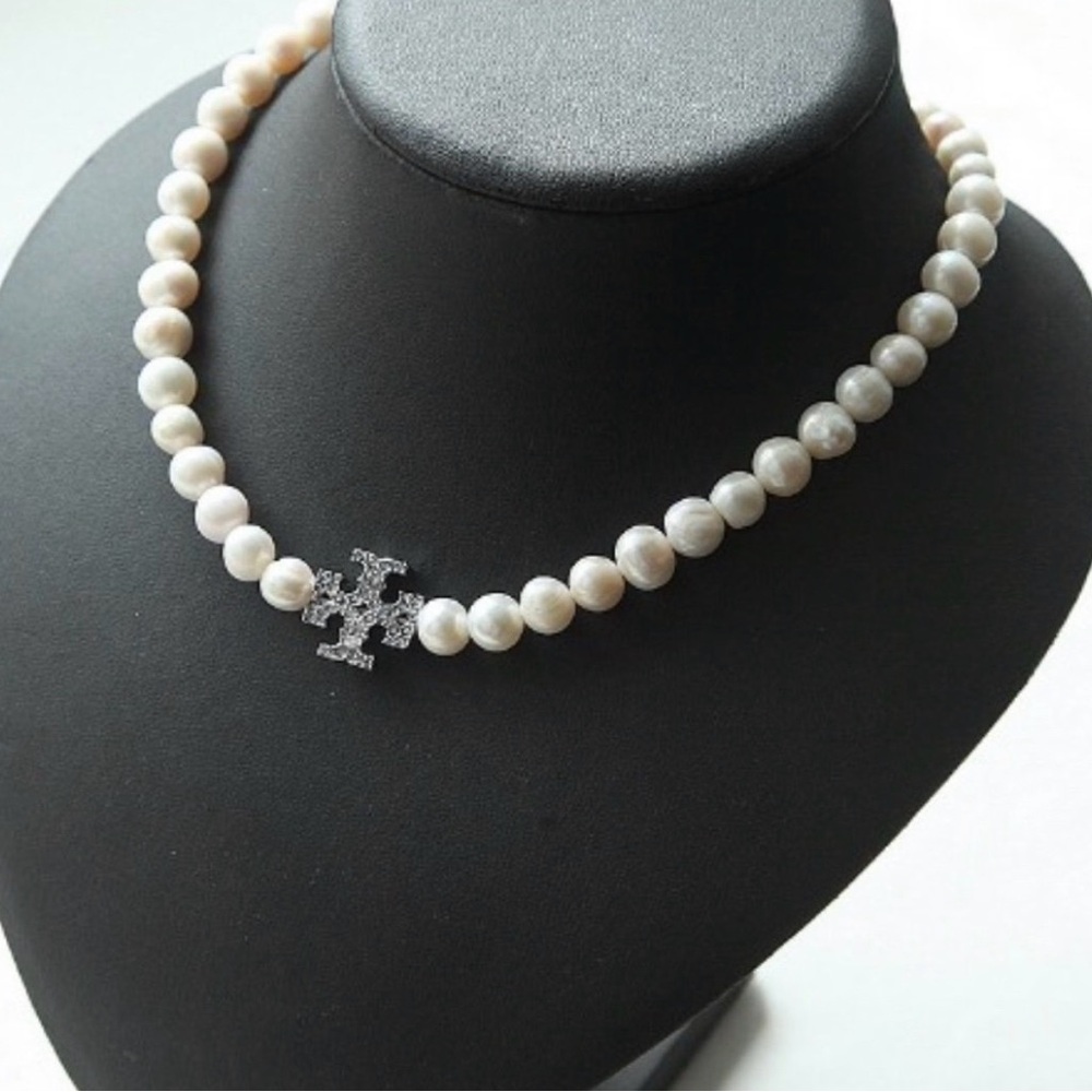 Tory Burch Kira Natural Pearl Silver Pavé Necklace
